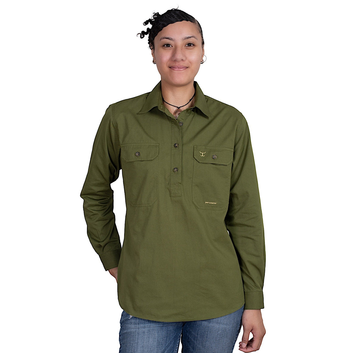 Just Country Women's Jahna Half Button Work Shirt - Olive