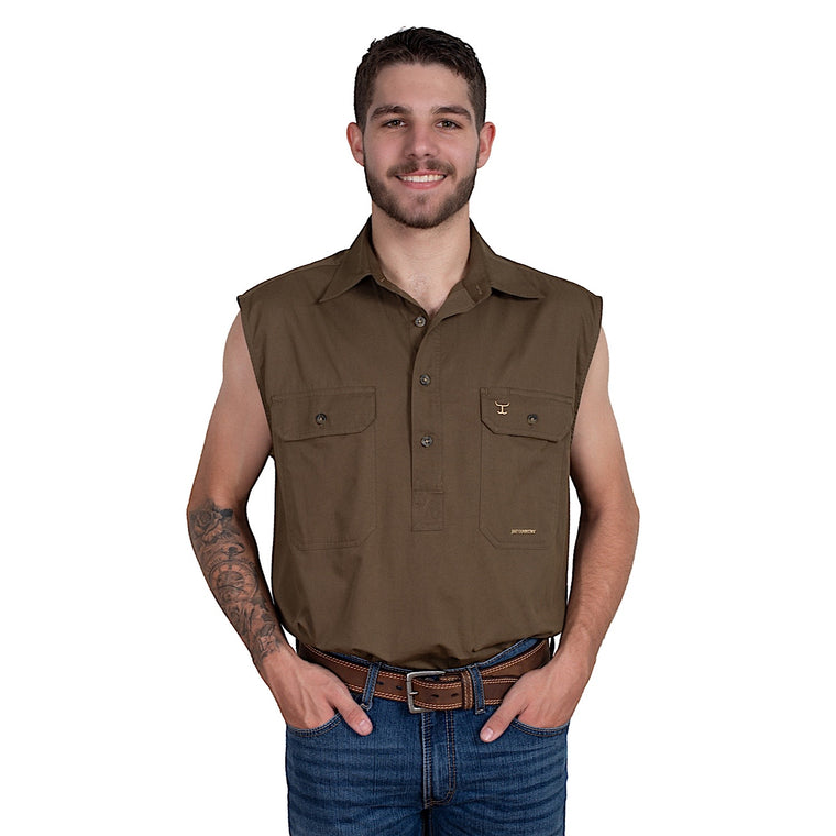 Just Country Mens Jack 1/2 Button Sleeveless Work Shirt - Bark