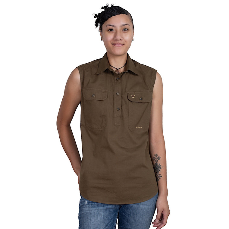 Just Country Women's Kerry Sleeveless Half Button Work Shirt - Bark