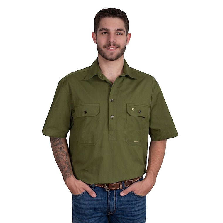 Just Country Mens Adam 1/2 Button Short Sleeve Work Shirt - Olive