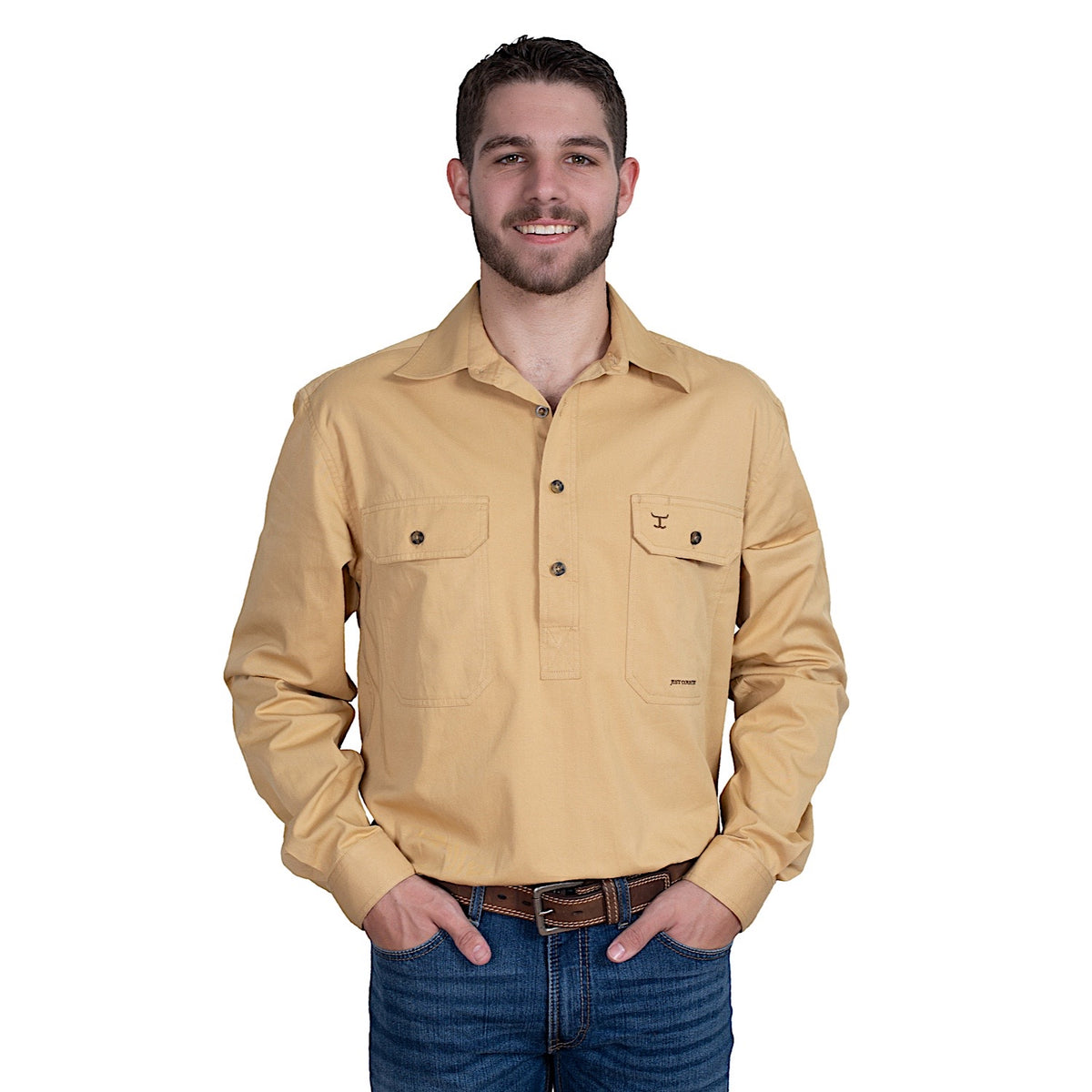 Just Country Mens Cameron 1/2 Button Work Shirt - Sand