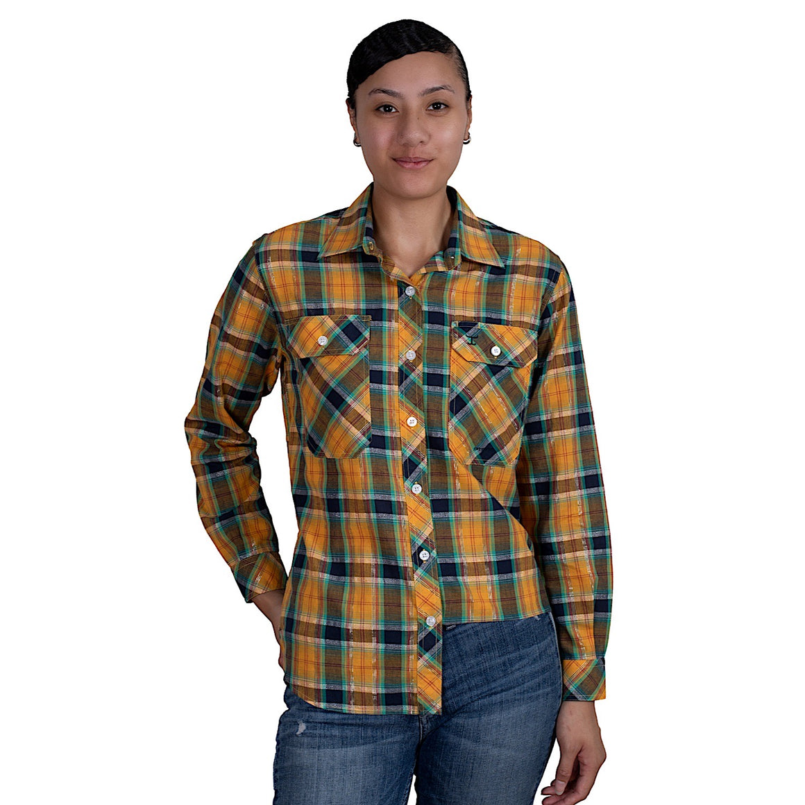 Just Country Womens Abbey Full Button Print Work Shirt Mustard/Navy Plaid