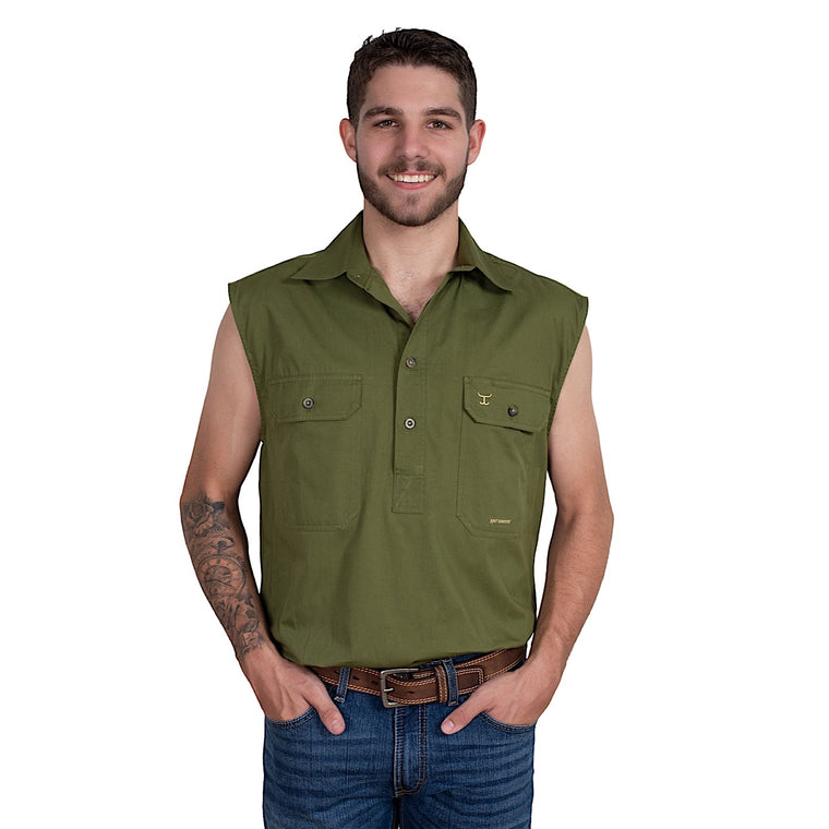 Just Country Mens Jack 1/2 Button Sleeveless Work Shirt - Olive