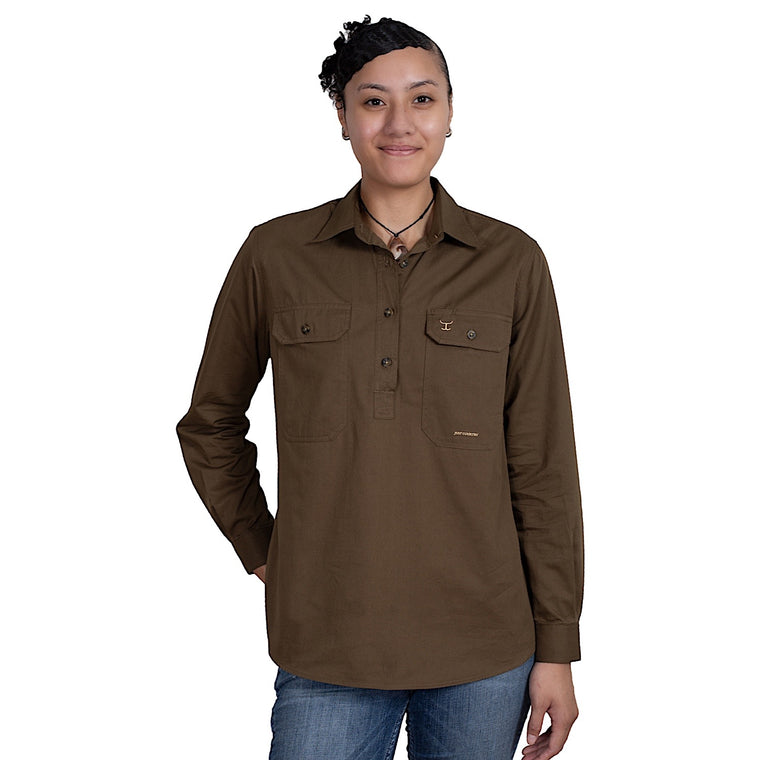 Just Country Women's Jahna Half Button Work Shirt - Bark