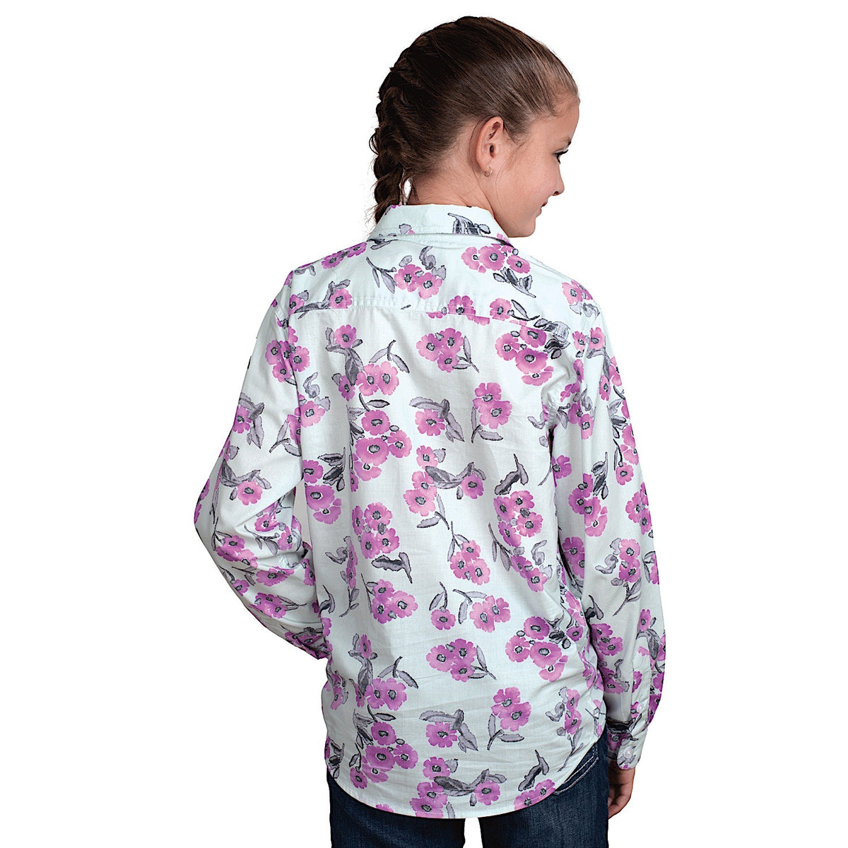 Just Country Girl's Harper Half Button Print Work Shirt - Sea Mist Watercolour Blooms