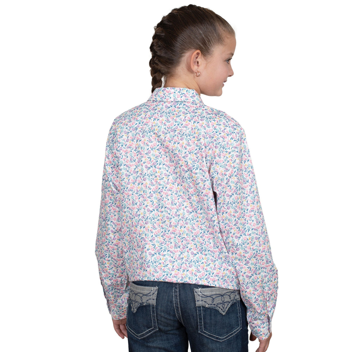 Just Country Girl's Harper Half Button Print Work Shirt - White Tulips