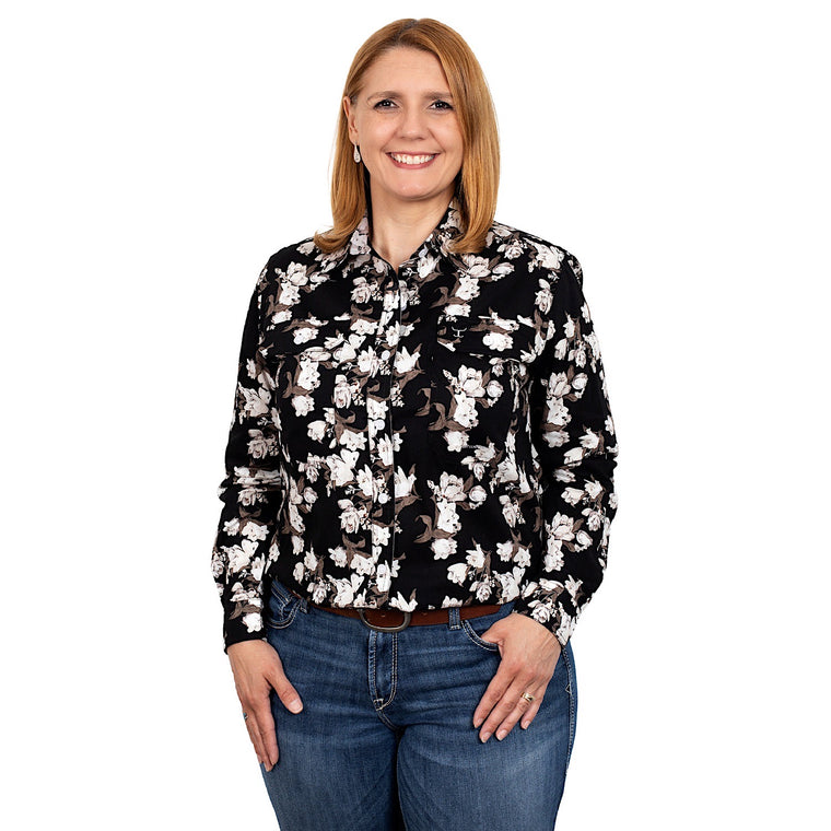 Just Country Womens Abbey Full Button Print Work Shirt Black Lilies