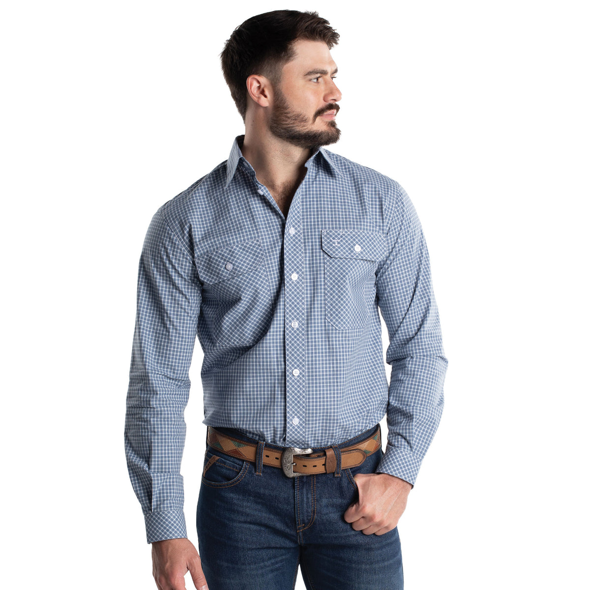 Just Country Men's Austin Full Button Print Workshirt - Denim Blue / White