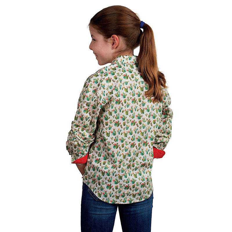 Just Country Girl’s Harper Half Button Print Work Shirt - Cream Cactus