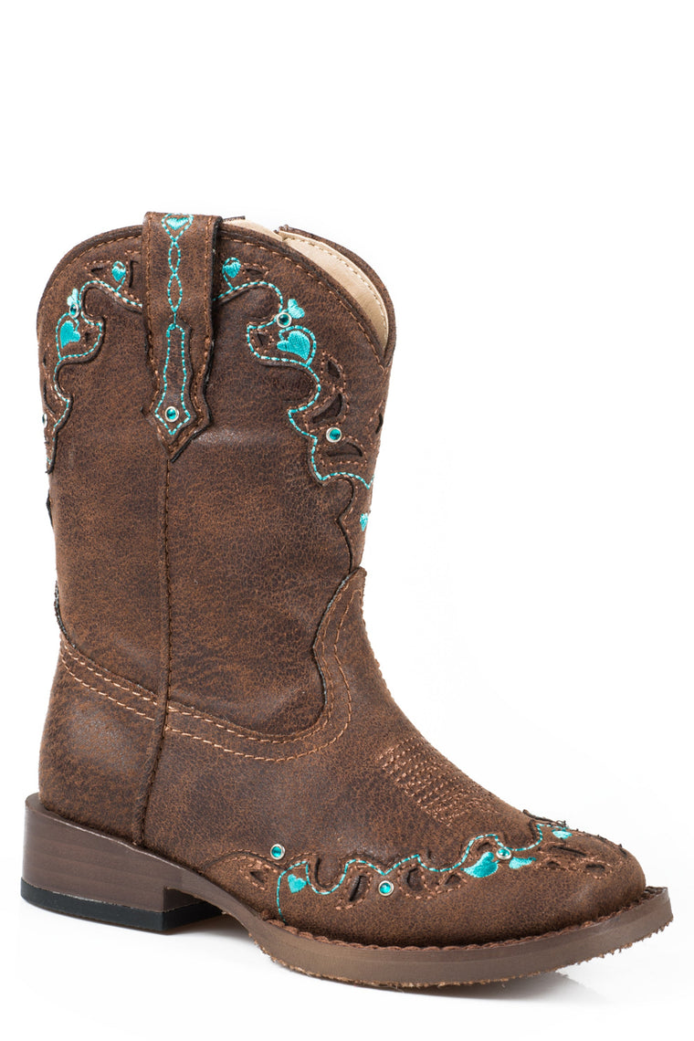 Roper TODDLER Hearts Western Wide Square Toe Boot - Brown