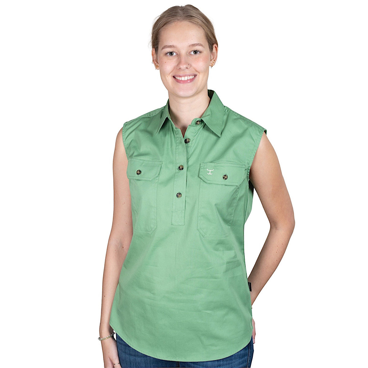 Just Country Women’s Kerry Half Button Sleeveless Workshirt - Jade