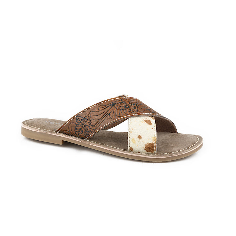 Roper Women's Delaney Sandal - Brown Tooled Leather/Hair On Hide