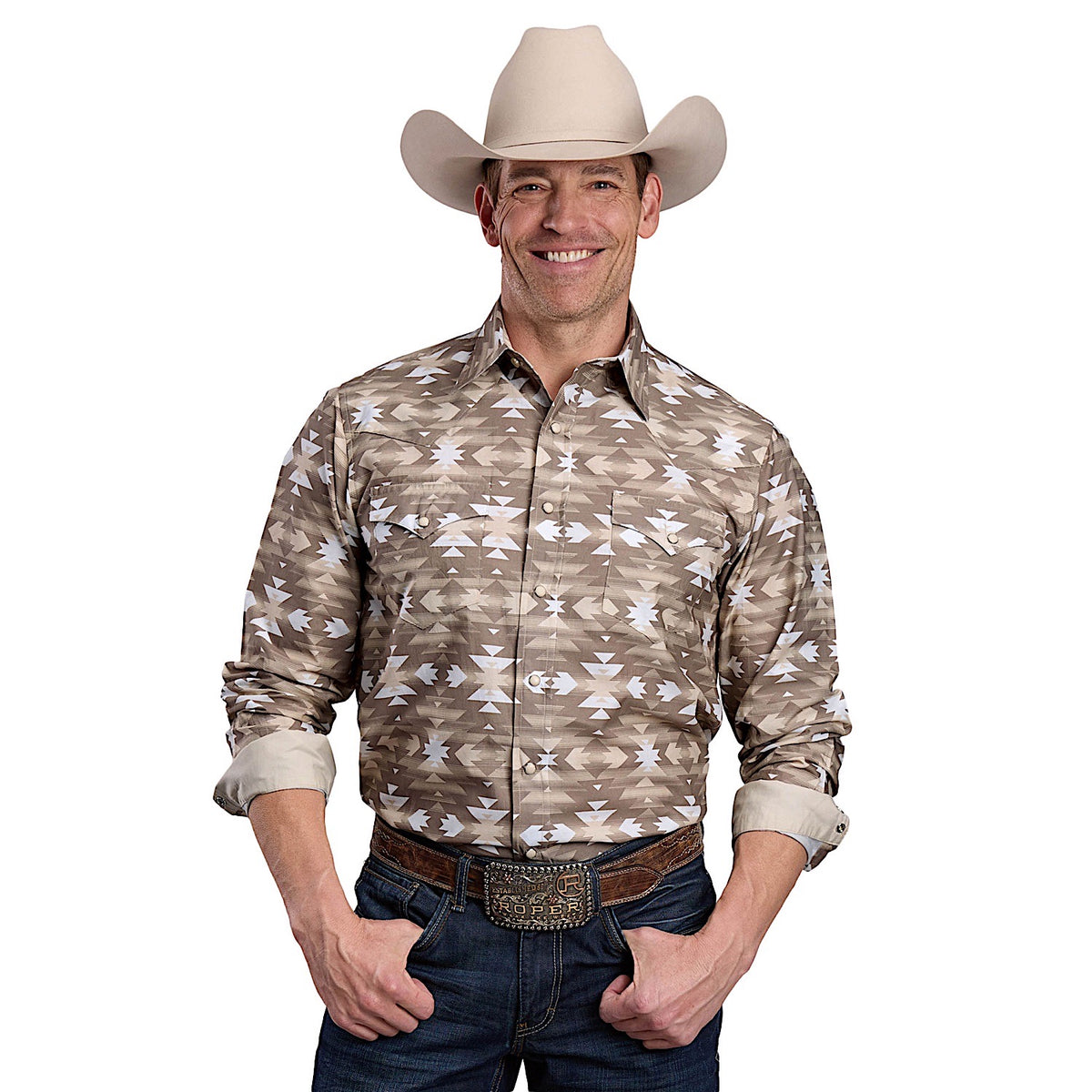 Roper Men's West Made Collection Shirt - Horizontal Aztec Brown Print