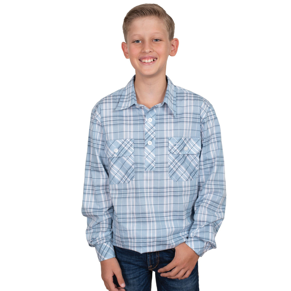 Just Country Kids Brayden Half Button Print Work Shirt - Light Blue Plaid