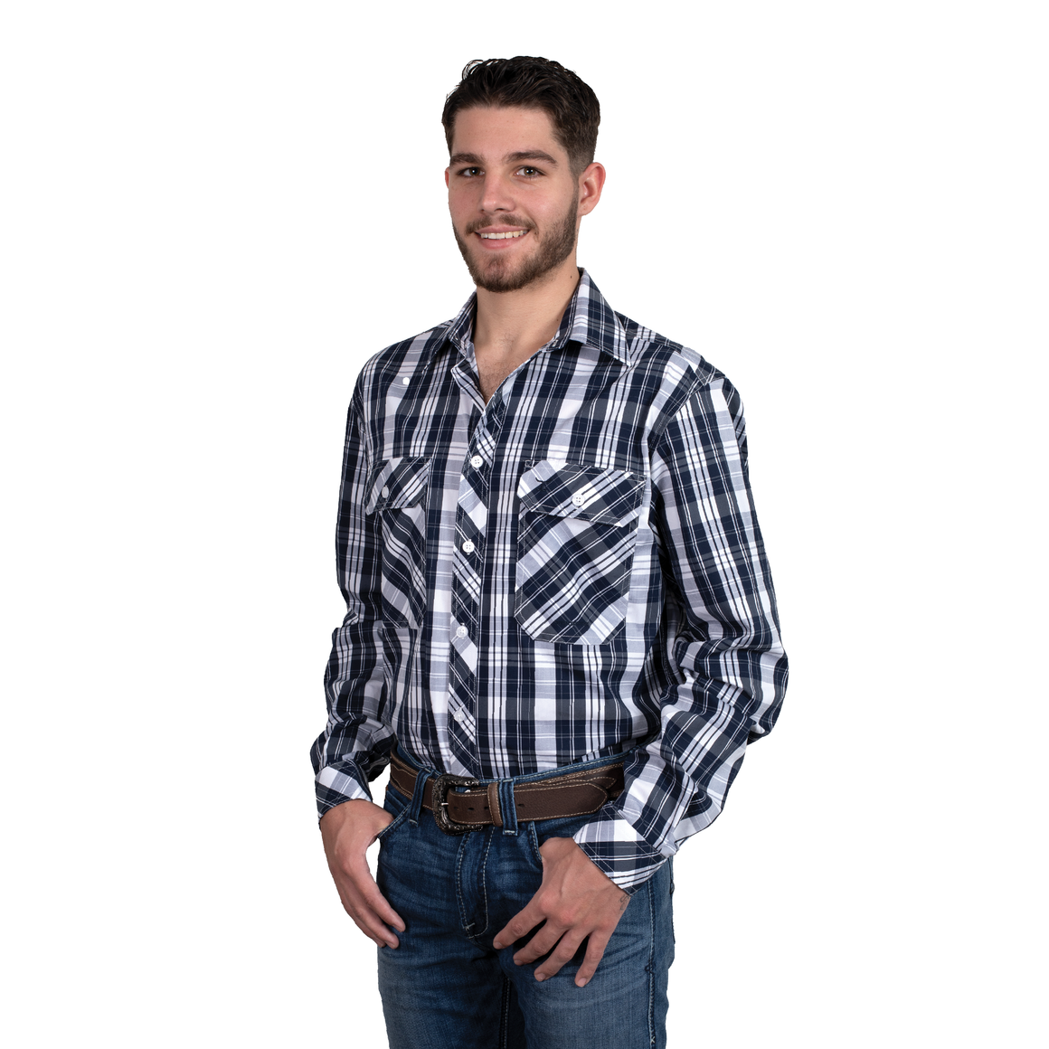 Just Country Mens Austin Full Button Print Workshirt Navy/White Plaid