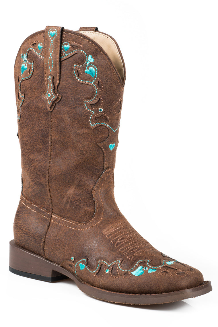 Roper Little Kids Hearts Western Wide Square Toe Boot - Brown