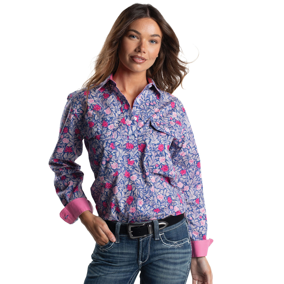 Just Country Women's Jahna Half-Button Shirt - Rose/Blue Chrysanthemum
