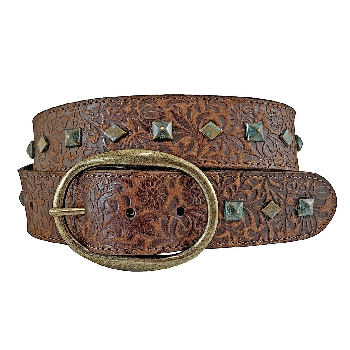 Roper Women's 1 1/2" Belt Embossed Leather with Diamond Nail Heads - Brown