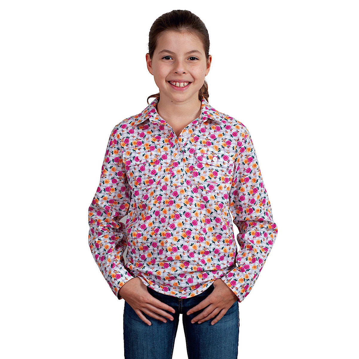 Just Country Girl’s Harper Half Button Print Work Shirt - White Lattice