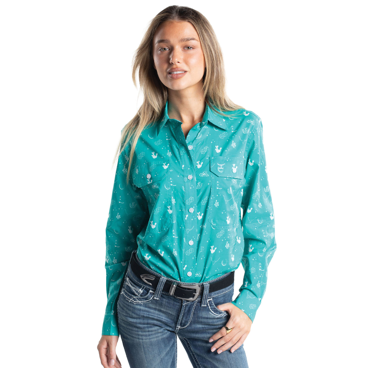 Just Country Women's Abbey Full Button Workshirt - Turquoise & White Western Print