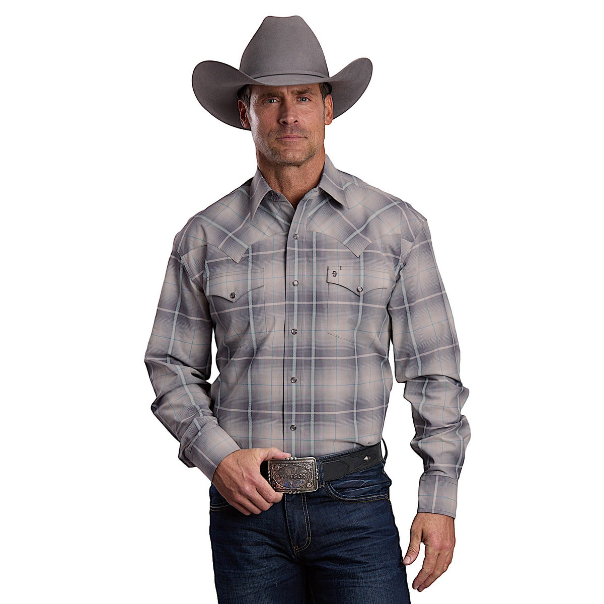 Stetson Men's Dobby Shirt - Silver Ombre Plaid