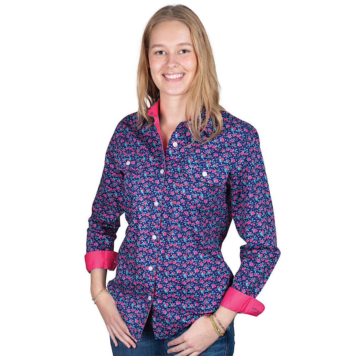 Just Country Women’s Abbey Full Button Print Workshirt - Navy Pansies/Hot Pink