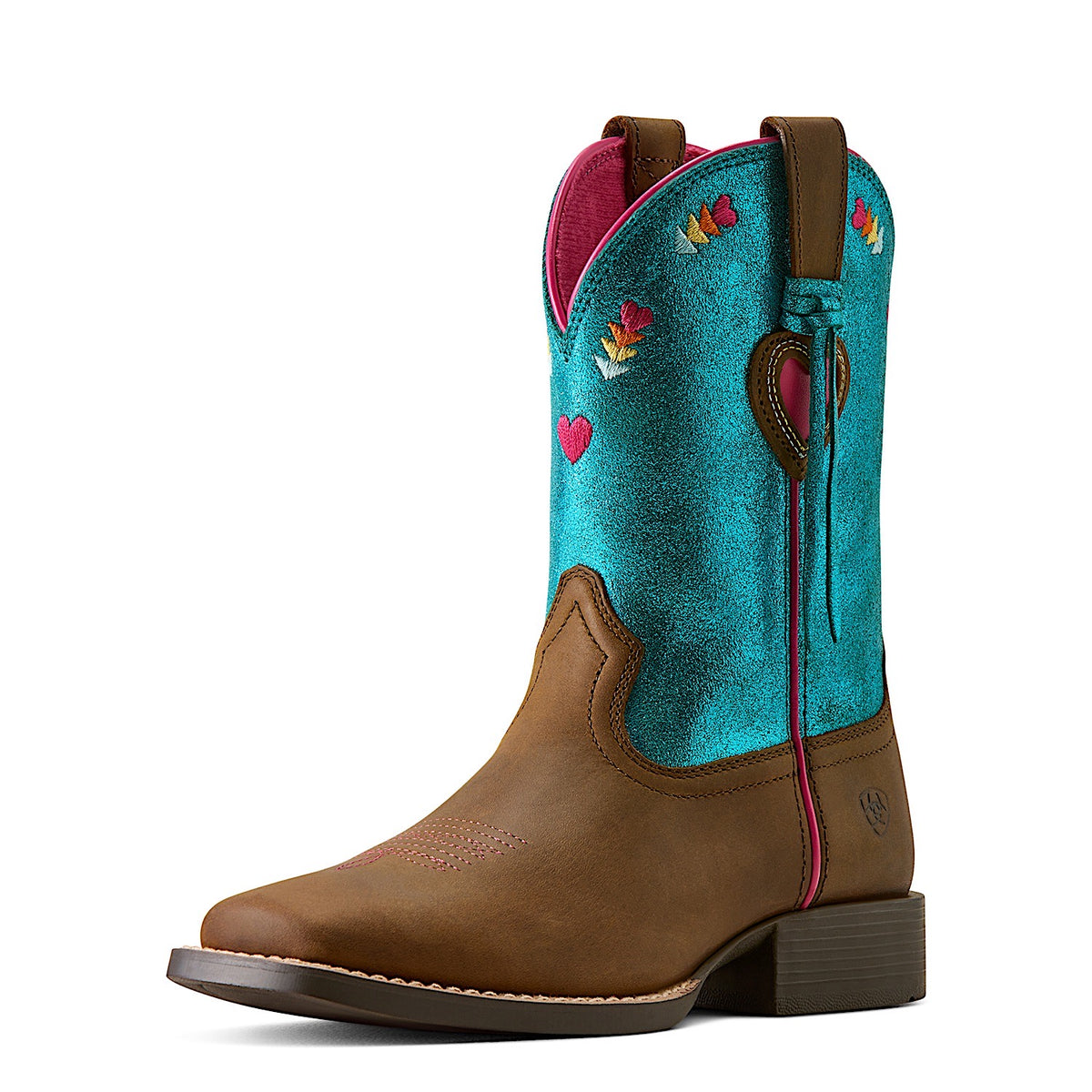 Ariat Kid's Rodeo Love Wide Square Toe Western Boot - Distressed Brown/Aqua Dazzle