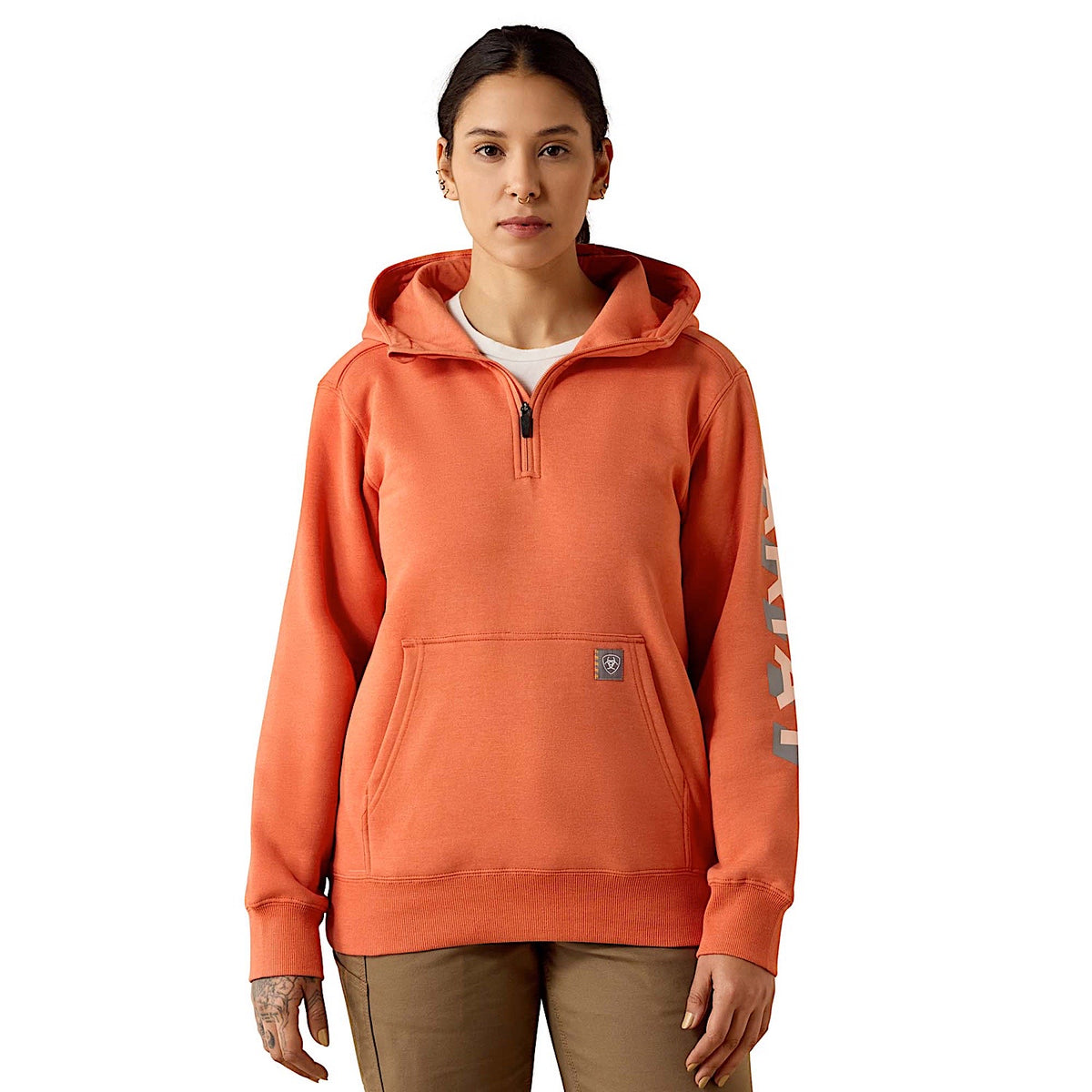 Ariat Women's Rebar Lightweight Logo 1/2 Zip Hoodie - Langunisto Heather/Tropical Peach