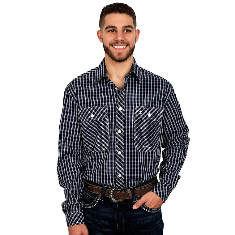 Just Country Mens Austin Full Button Check Workshirt Navy/White