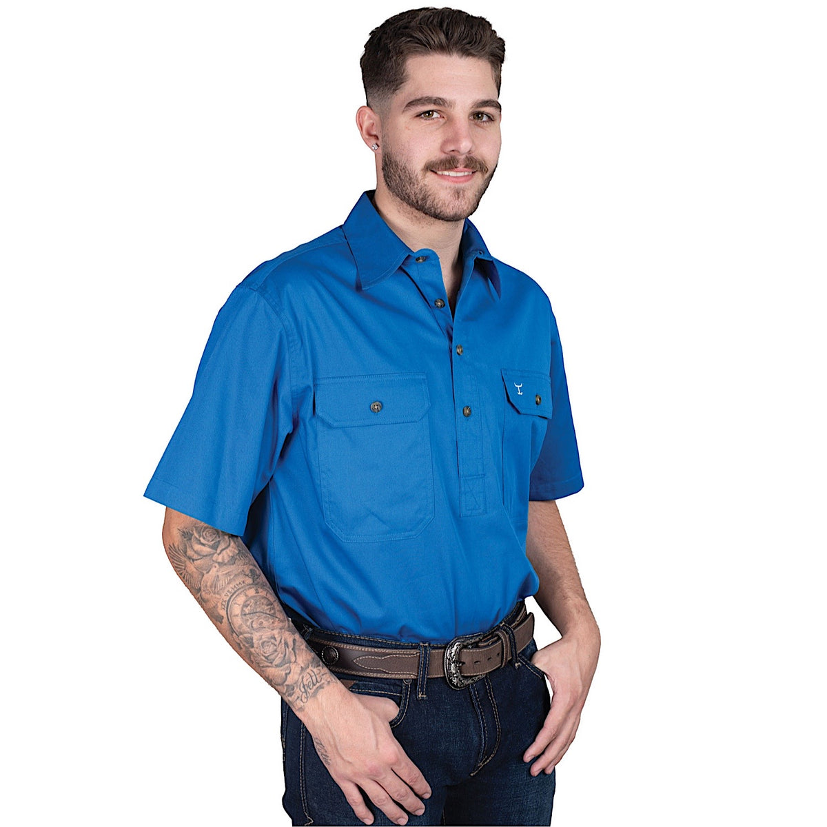 Just Country Men’s Adam 1/2 Button Short Sleeve Work Shirt - Nautical Blue