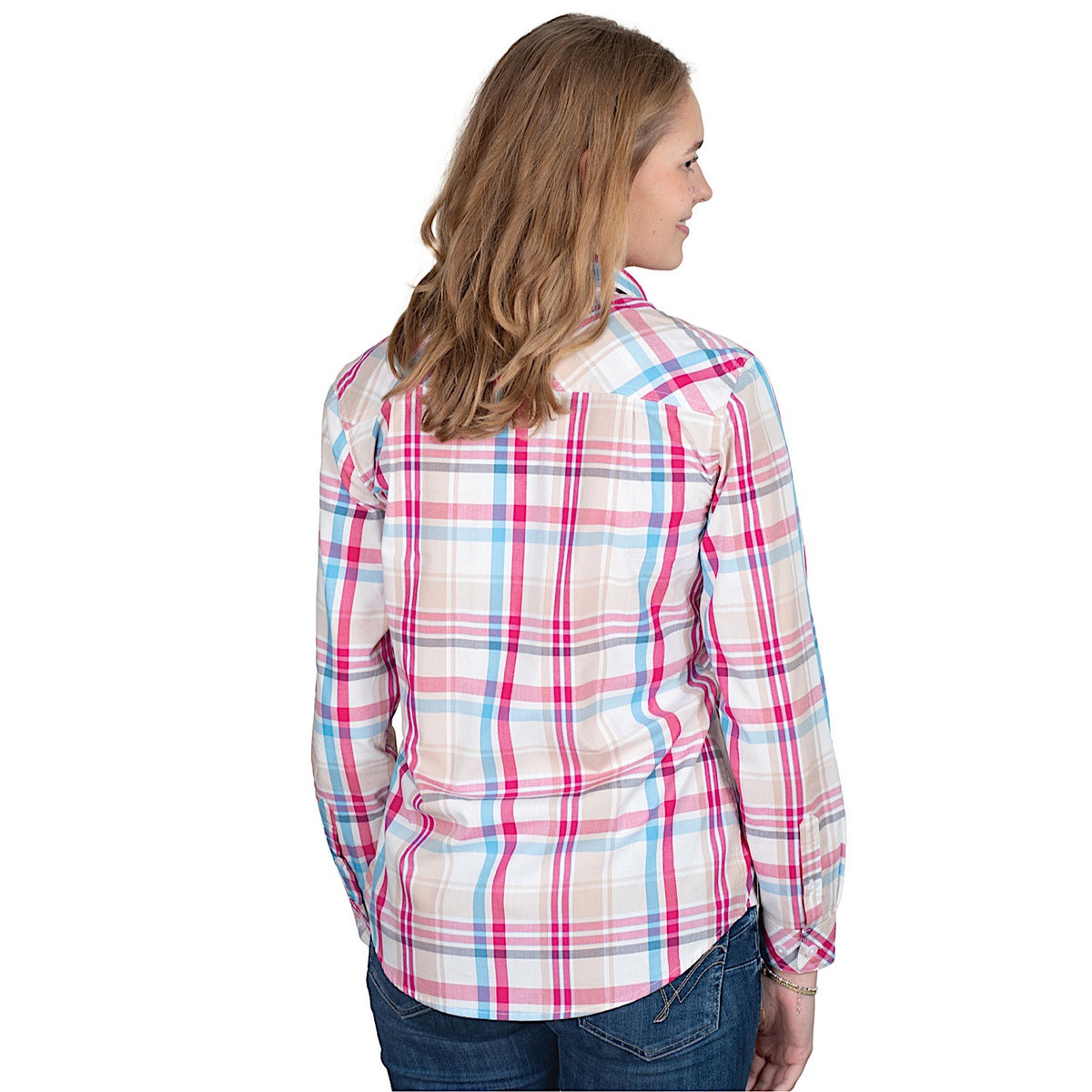 Just Country Women’s Abbey Full Button Print Work Shirt - Pink/Blue/Tan Plaid