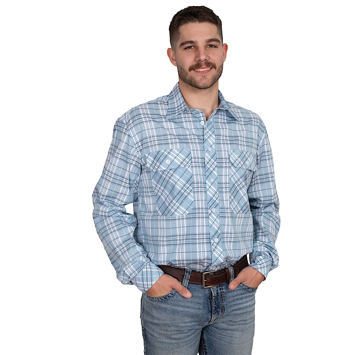 Just Country Men’s Austin Full Button Print Workshirt - Light Blue Plaid