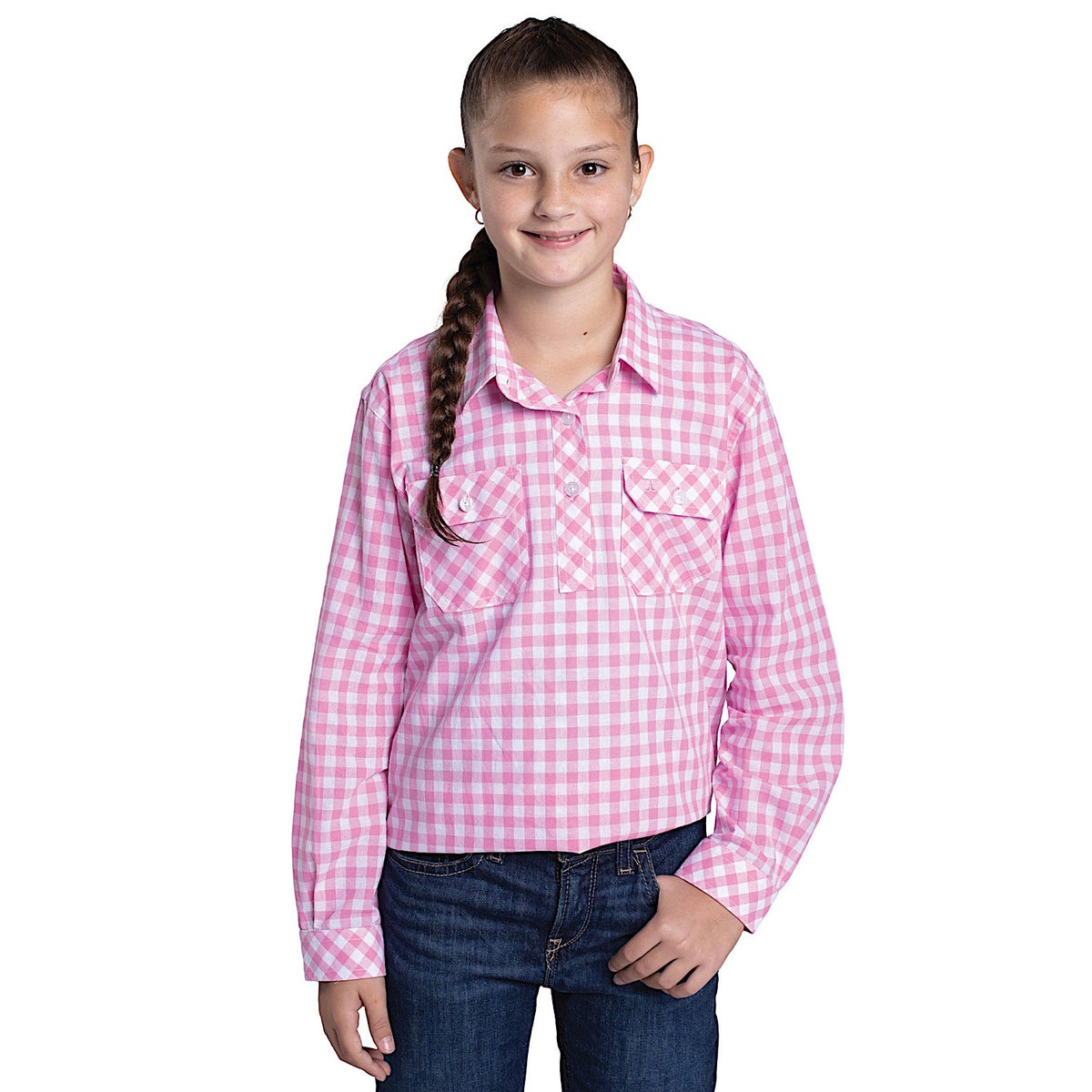 Just Country Girl’s Harper Half Button Check Work Shirt - Pink Lemonade/White Check