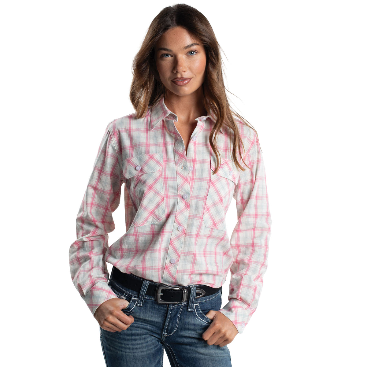 Just Country Women's Abbey Full Button Plaid Workshirt - Pink/Blue/White Plaid