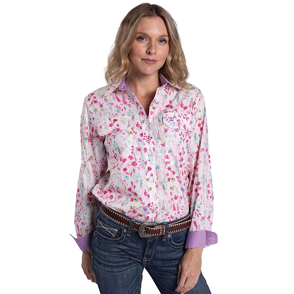 Just Country Women’s Abbey Full Button Print Workshirt - White Wildflowers/Orchid