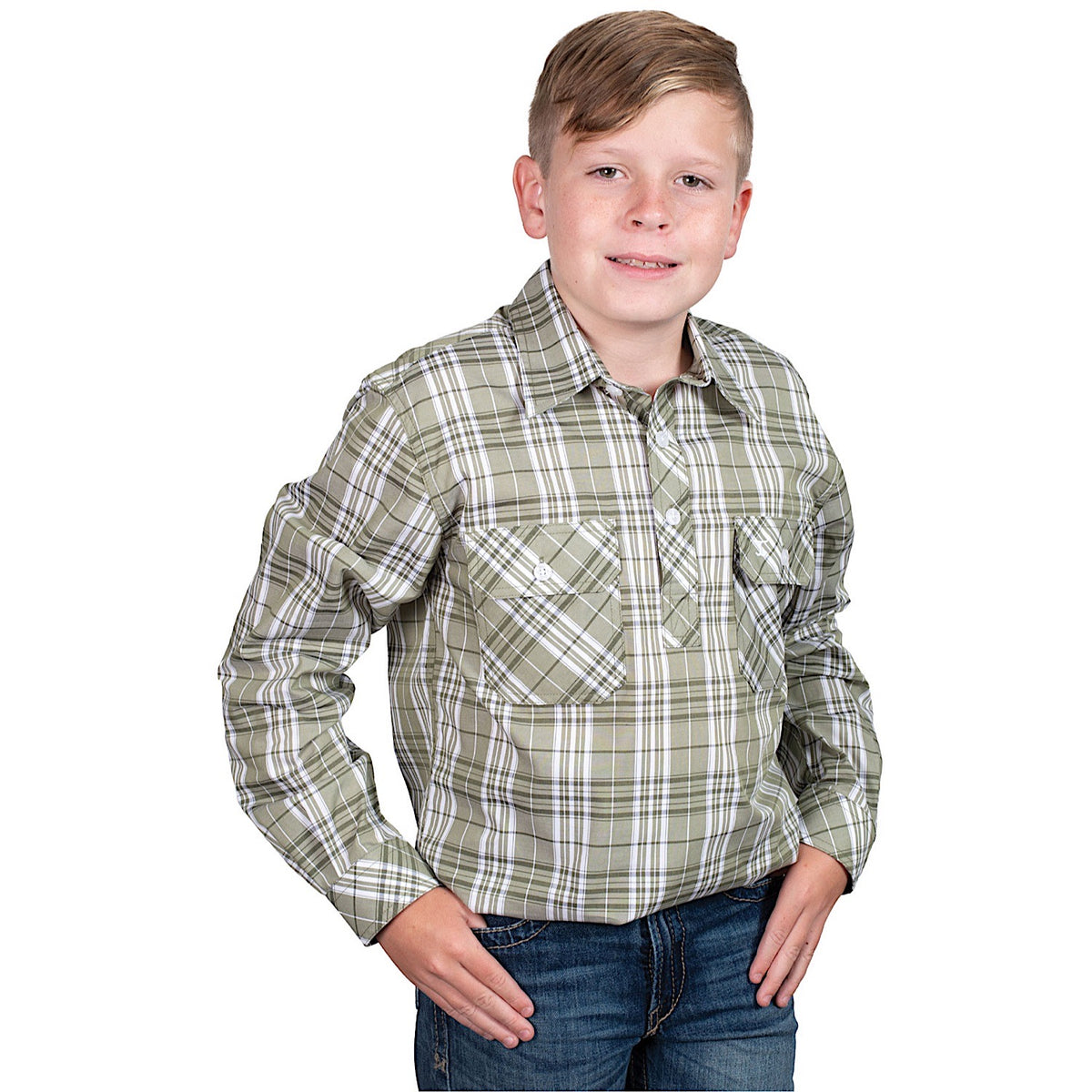 Just Country Boy’s Brayden Half Button Plaid Workshirt - Olive Plaid