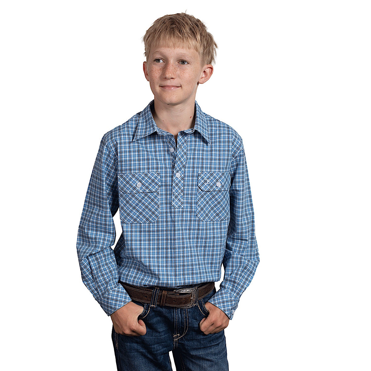 Just Country Boy’s Brayden Half Button Plaid Workshirt - Marine Blue/Navy/White Plaid