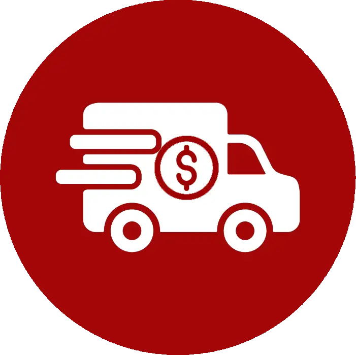 White delivery truck icon with a dollar sign emblem on its side, set against a solid red circular background.