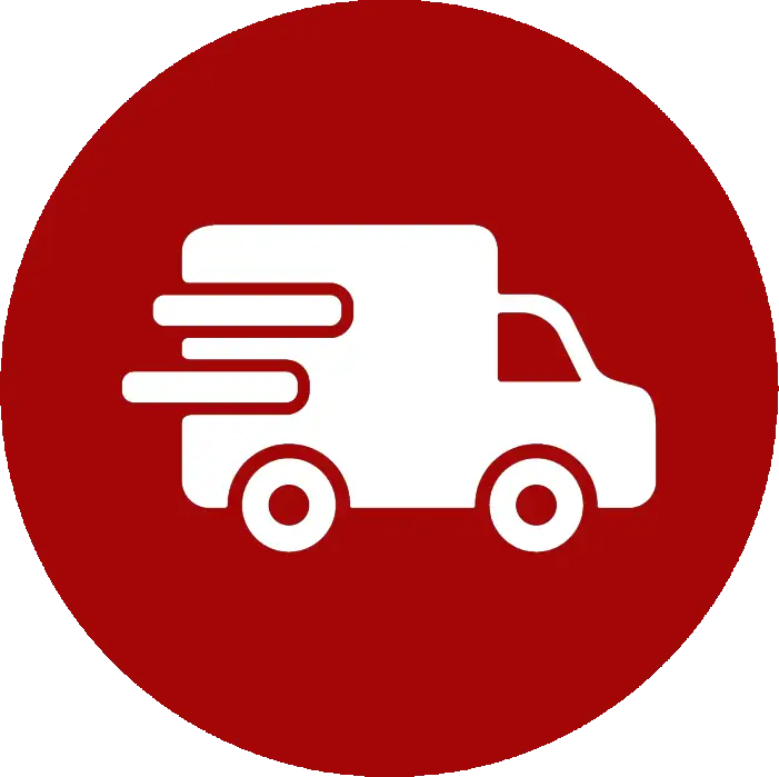 White delivery truck icon on a red circular background.