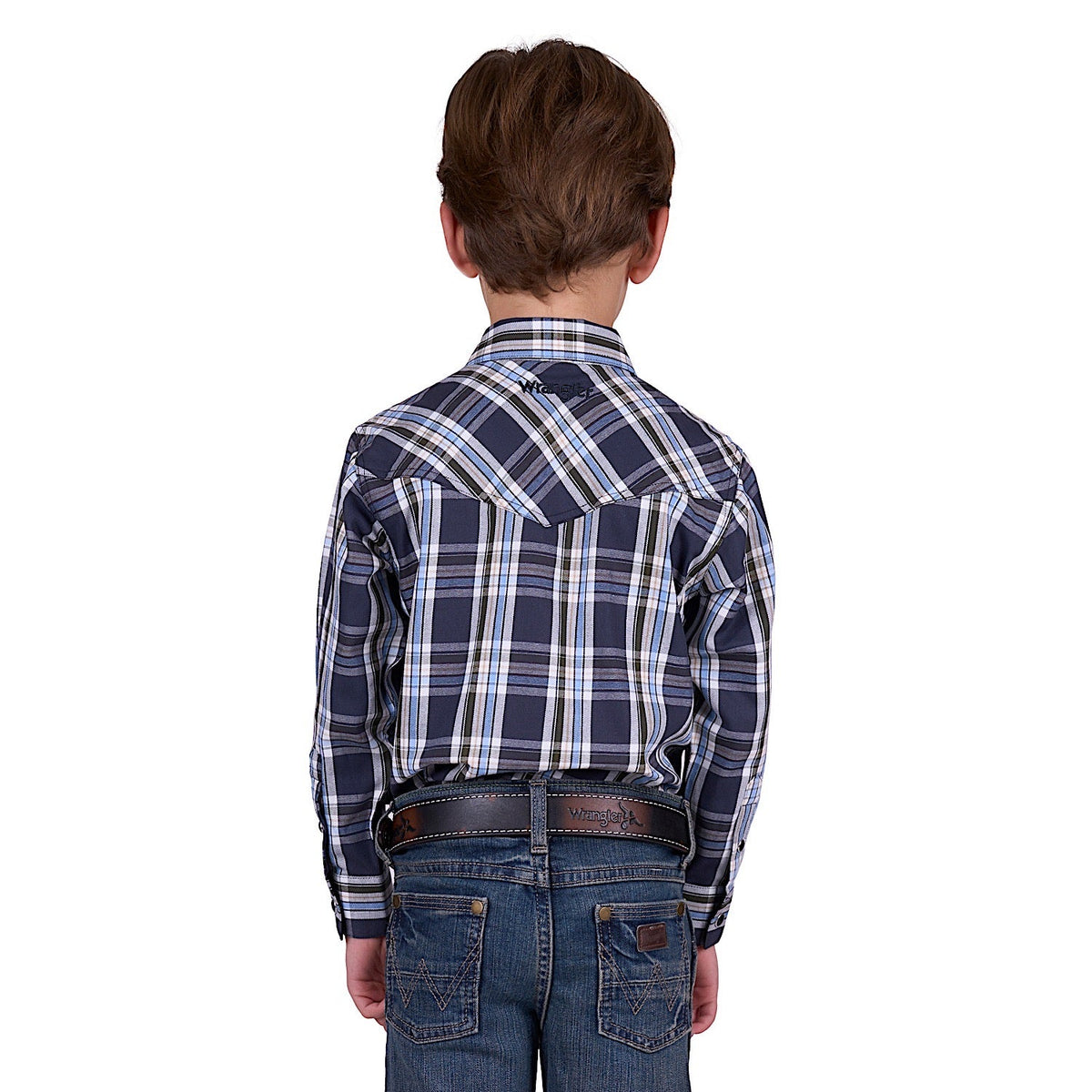 Wrangler Boy’s Finn Check Logo Western Long Sleeve Shirt - Charcoal/Blue