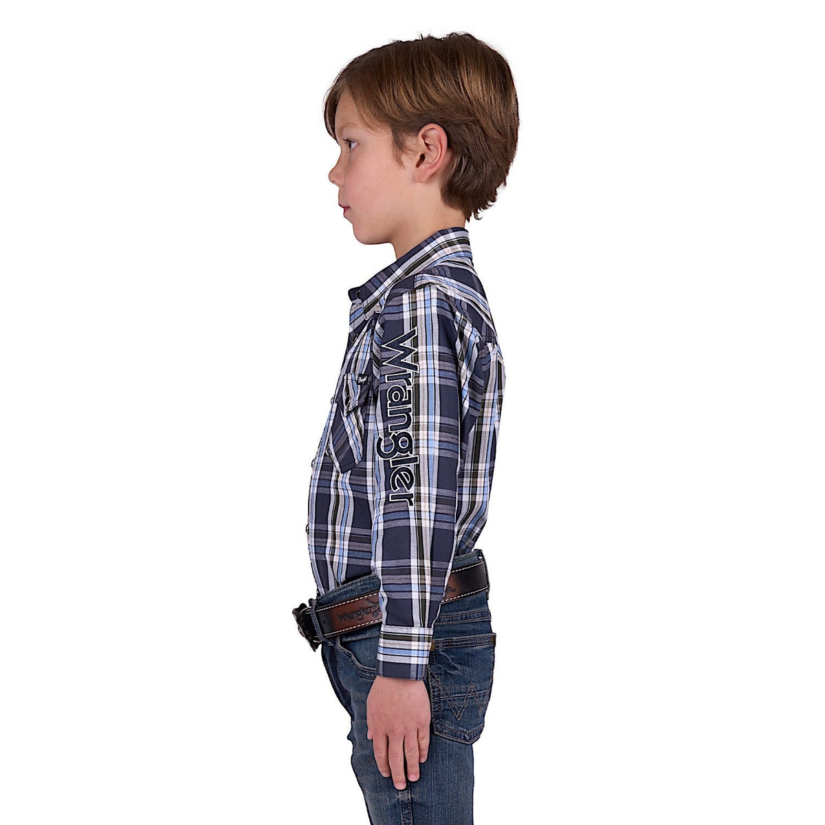 Wrangler Boy’s Finn Check Logo Western Long Sleeve Shirt - Charcoal/Blue