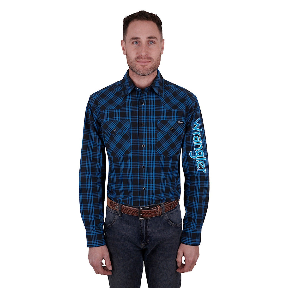 Wrangler Men’s Betts Print Logo Western Shirt Black/Royal