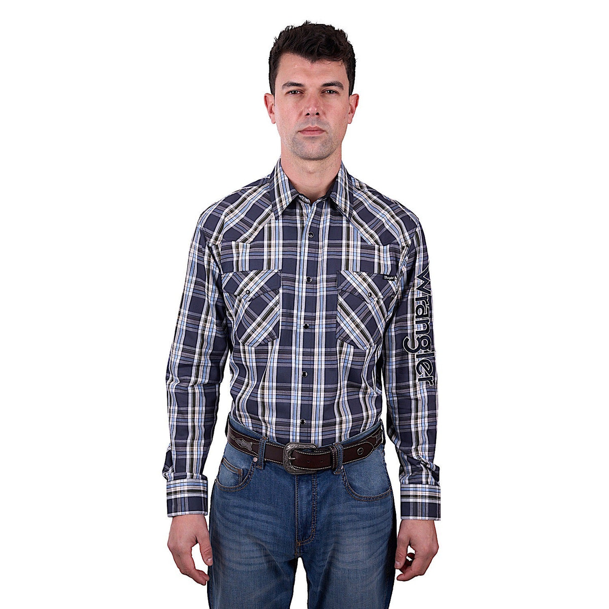 Wrangler Men’s Finn Check Logo Western Long Sleeve Shirt - Charcoal/Blue