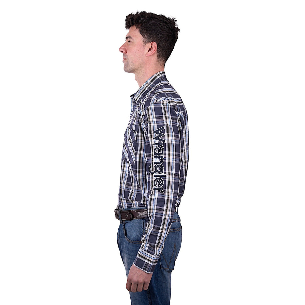 Wrangler Men’s Finn Check Logo Western Long Sleeve Shirt - Charcoal/Blue