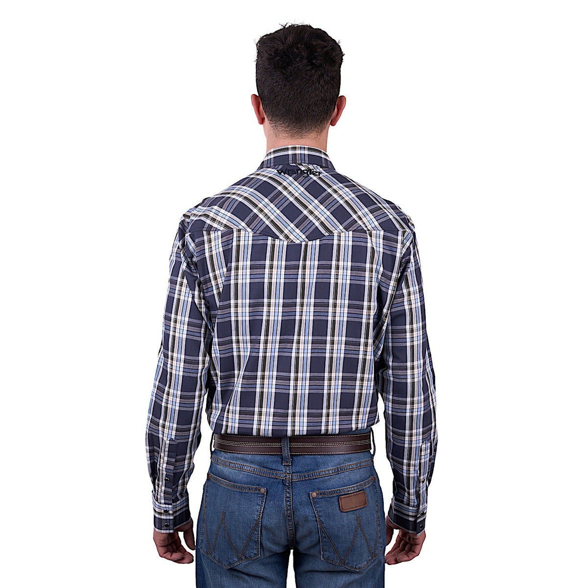Wrangler Men’s Finn Check Logo Western Long Sleeve Shirt - Charcoal/Blue