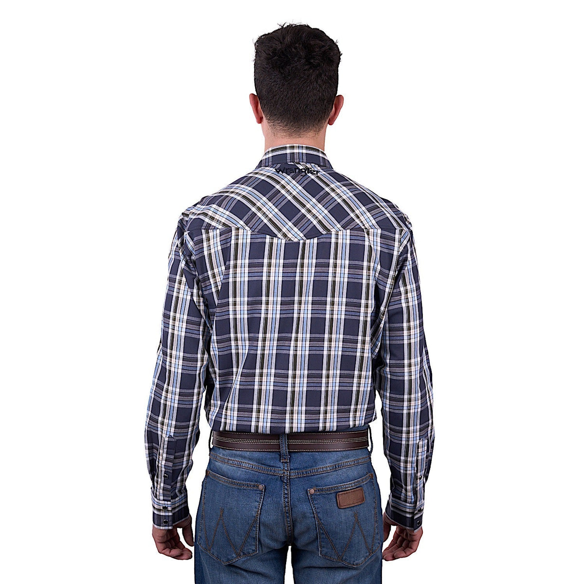 Wrangler Men’s Finn Check Logo Western Long Sleeve Shirt - Charcoal/Blue