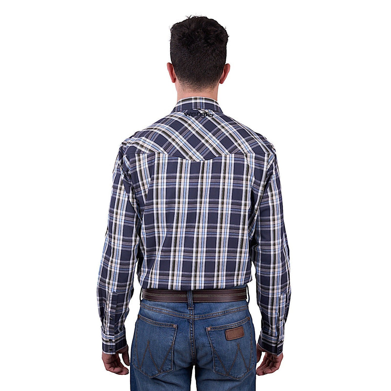 Wrangler Men’s Finn Check Logo Western Long Sleeve Shirt - Charcoal/Blue
