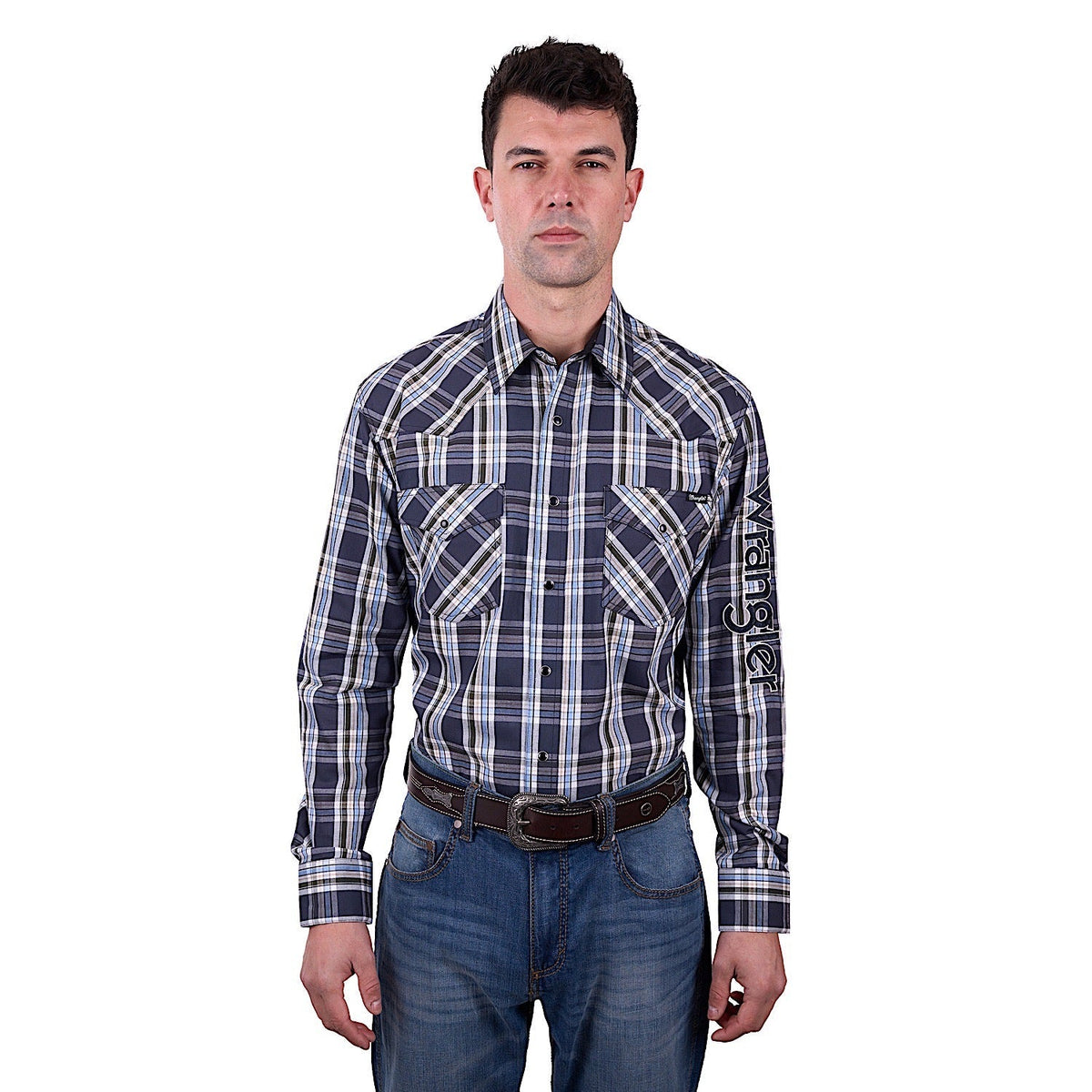 Wrangler Men’s Finn Check Logo Western Long Sleeve Shirt - Charcoal/Blue