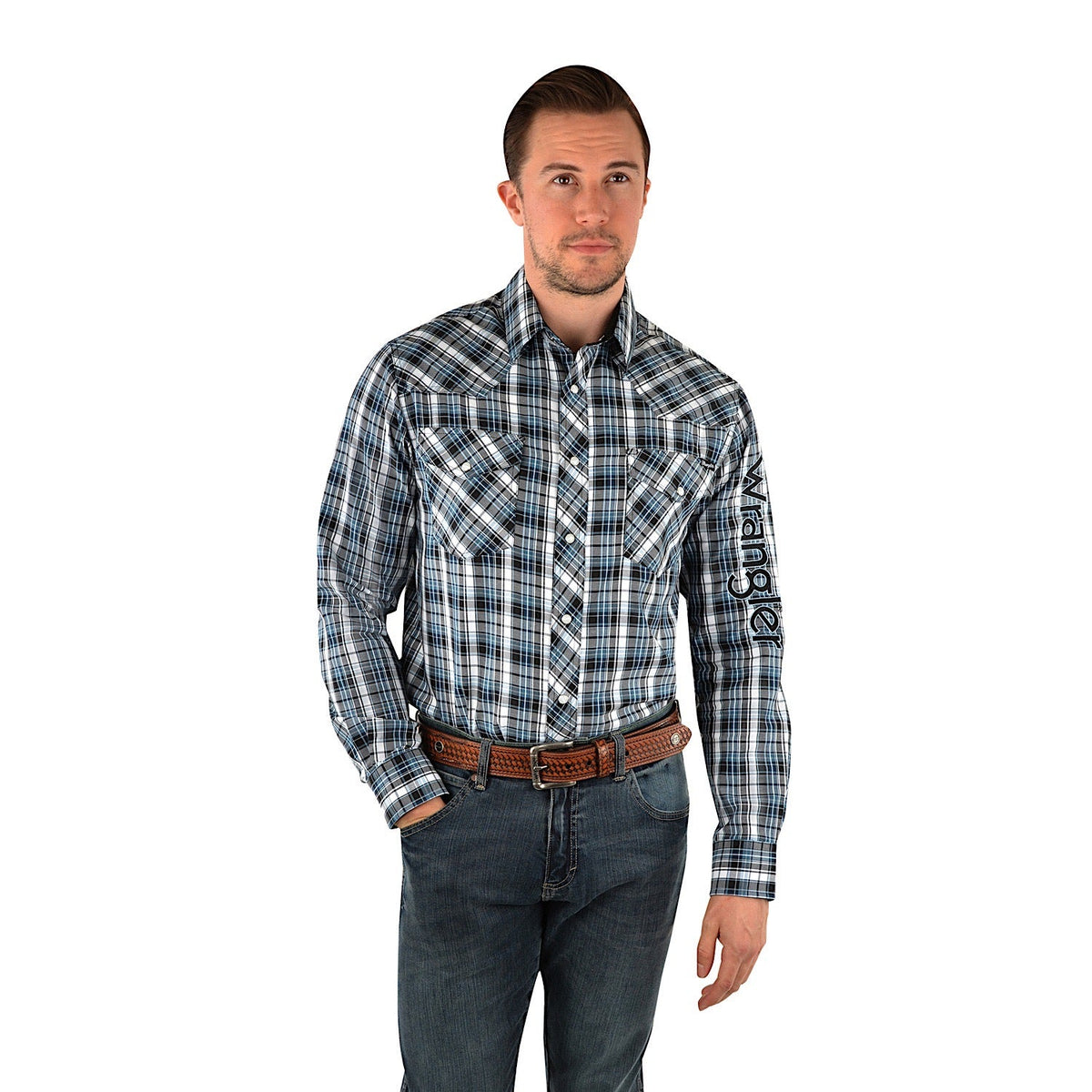 Wrangler Mens Gould Check Logo Western L/S Shirt Black/Teal