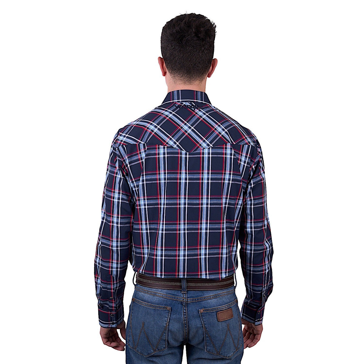 Wrangler Men’s Hugo Check Logo Western Long Sleeve Shirt - Navy/Red